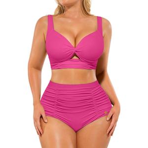 SHAPELLX High Waisted Bikini Tummy Control Two Piece Swimsuits for Women Ruched Bathing Suit Twist Front Bikini Sets (A4-hot Pink)
