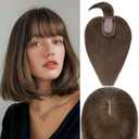 Rich Choices 100% Real Human Hair Topper with Bangs - Real Remy Hair Topper for Women Thinning on Top, 5.1x2.7 Inch Breathable Invisible Clip In Silk Base Hair Piece 14 Inch #2R Chocolate Brown