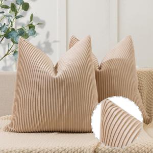 YCOLL Tan Pillow Covers 24x24 Set of 2 Velvet Striped Pattern - Soft Throw Pillows for Home Decor, Luxury Decorative Pillow Covers for Couch, Bed,Living Room