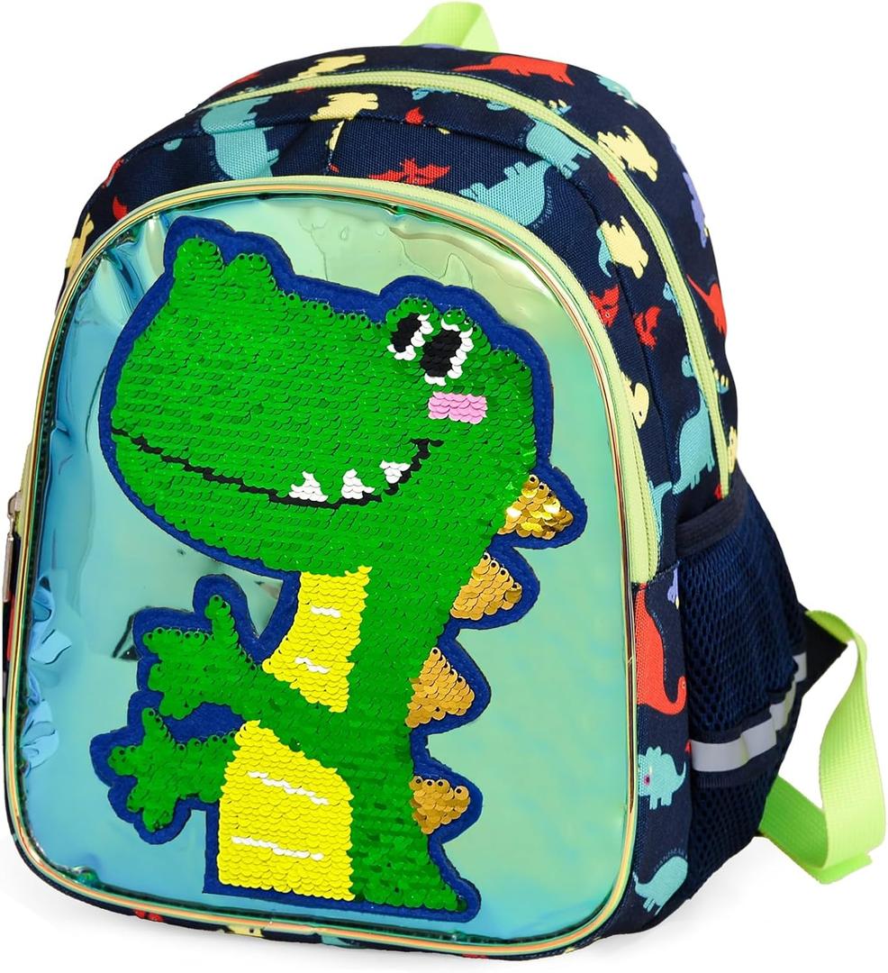 Toddler Backpack for Boys and Girls, Cute Dinosaur Backpack for Preschool or Kindergarten, Sequin School Bag Kids Backpack (Green)