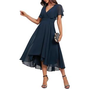 Women's Wrap V Neck Flutter Sleeve Chiffon Cocktail Wedding Guest Dress Layered Ruffle Flowy Midi Party Dress (A-Navy XX-Large)