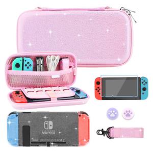 RHOTALL Glitter Pink Carrying Case for Nintendo Switch, Hard Portable Travel Case for Switch Accessories with Clear Glitter Protective Cover, Shoulder Strap, and 2 Thumb Caps RHOTALL Glitter Pink Carrying Case for Nintendo Switch, Hard Portable Travel Case for Switch Accessories with Clear Glitter Protective Cover, Shoulder Strap, and 2 Thumb Caps