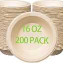16 oz Compostable Paper Bowls 200pack, Heavy-Duty, Eco-Friendly, Bulk Pack, Disposable Bowls, Biodegradable Made of Sugar Cane Fibers, Hot or Cold Use(natural)