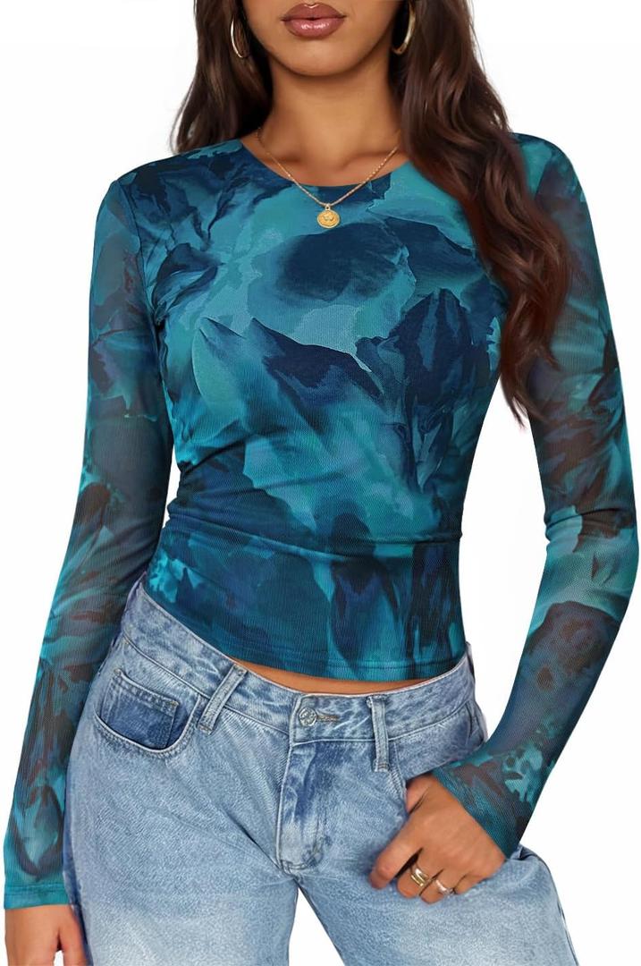 ZESICA Womens Floral Mesh Going Out Tops Fall Long Sleeve Crewneck Slim Fit Ruched Y2k Shirts Beach Vacation Outfits (Medium, Blue)