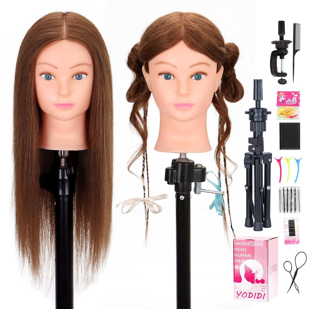 Mannequin Head Human Hair with Tripod Stand 22"-24" Female 100% Human Hair Mannequin Head Hair Styling Cosmetology Manikin Head Doll Head for Hairdresser with Clamp Holder and Tools (#4 Set)