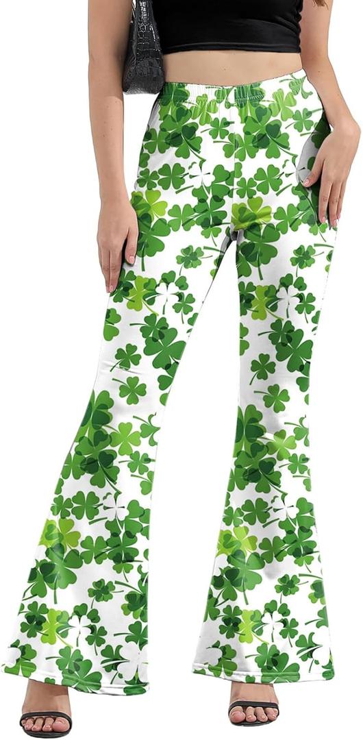 St Patricks Day Bell Bottoms Leggings for Womens, High Waisted Printed Flare Legging Plus Size Bell Bottoms Green Pants (M)