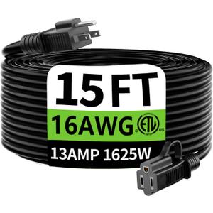 HUANCHAIN Indoor Outdoor Black Extension Cord 15 ft Waterproof, 16/3 Gauge Flexible Cold-Resistant Appliance Extension Cable Outside, 13A 1625W 16AWG SJTW, 3 Prong Electric Cord, ETL