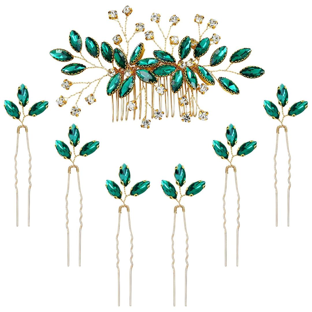 inSowni 7 Pieces Emerald Green Rhinestone Wedding Bridal Hair Side Comb Slide+U-shaped Hairpins Hair Accessories Headpieces for Women Girls Brides Bridesmaids