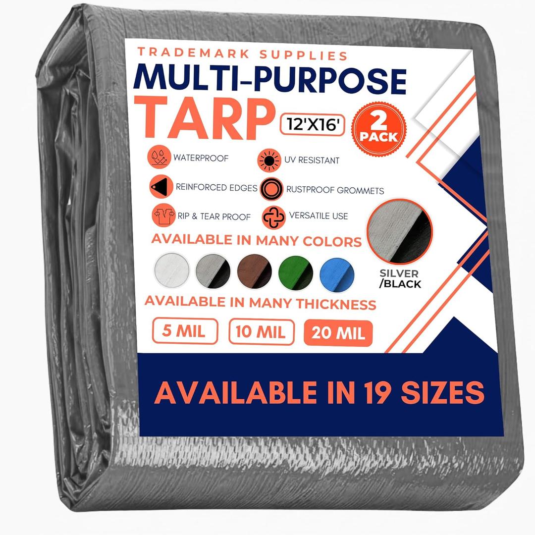 Large Waterproof Tarp - Heavy Duty 20 Mil Thick Poly Tarpaulin Ideal for Canopy Tents, Boats, RV or Pool Covers - Multipurpose Protective Tarps with Grommets for Indoor, Outdoor Use | 12' x 16' 2 Pack