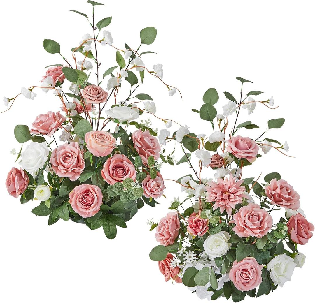 Serwalin Aisle Runner Flowers Arrangement Wedding Chair Decorations 2pcs Free Standing Artificial Fake Flowers Pink Ceremony Reception Church Pew Rose Floral Party Outdoor Decor (Attractive Pink)