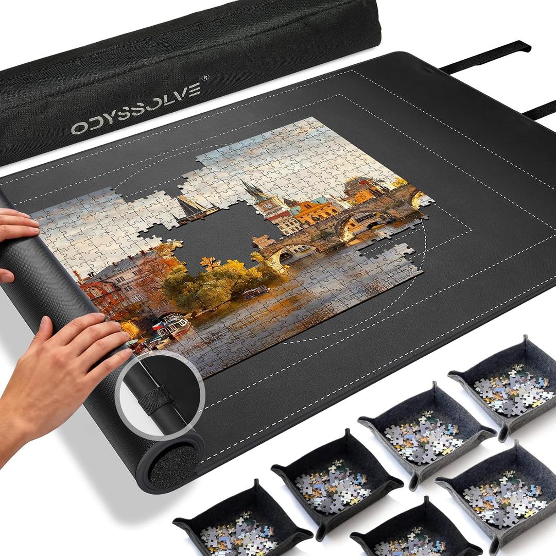 Jigsaw Puzzle Mat Roll Up for 1500 Pieces - All-in-One Puzzle Mat 46" x 26" with Built-in Tube & Straps, 3 Sorting Trays, Travel Storage Bag, Portable Effortless Puzzle Storage