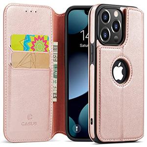 Casus Logo View Compatible with iPhone 13 Pro Wallet Case Slim Magnetic Flip Cover Faux Leather with Card Holder Slot Thin Kickstand (2021) 6.1" (Rose Gold)