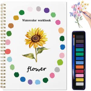 Beginner Watercolor Painting Kit Watercolor Workbook Coloring Book 12 Colors Paint Set with Brush, Easy Nature Scenes Beginner Friendly Watercolor Paint Set Gift for Adults Teens. (Flower)