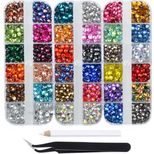 Massive Beads 1600pcs+ Flatback Glass Hotfix Iron On Rhinestones Crystal for DIY Making with 1 Tweezer & 1 Picking Pen for Shoes, Clothes, Face Art, Bags, Manicure (34-Colors, SS 20)