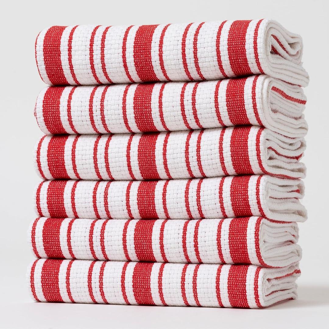 Kitchen Towels Set  Pack of 6 (20 x 30) Extra Large Premium Cotton Dish Towels for Kitchen  Basket Weave Towels  Absorbent  100% Cotton  with Hanging Loop  Red (Red Multi Striped)