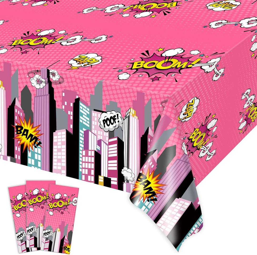 gisgfim 3 Pcs Super Girl Hero Party Tablecloth Pink Super Girl Hero Theme Party Supplies Decorations for Kids Girls Disposable Plastic Table Cover 105 x 54 inch
