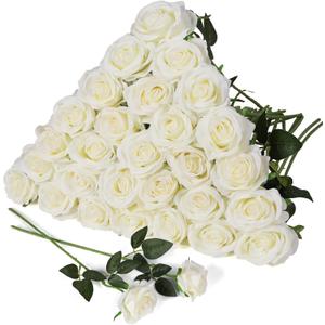 JUSTOYOU 30PCS Artificial Roses Silk Flowers in Bulk, Realistic White Fake Roses for Wedding Decorations, Home Decor, Centerpieces, Indoor Floral Arrangements