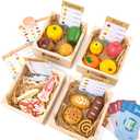 Wooden Play Food Sets for Kids Kitchen, Grocery Store Play Food Set, Play Toy Foods for Toddlers with Mesh Grocery Bag&4 Boxes, Pretend Play Fake Food Accessories Birthday Gifts for Girls Boys