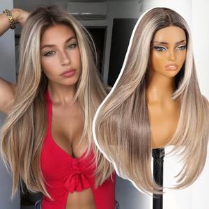 Dofami KOME Ash Blonde Synthetic Lace Front Wig,T Part Pre Cut Glueless Long Straight Layered Wigs for Women Cosplay Daily Use 26IN(#TT4/6164)