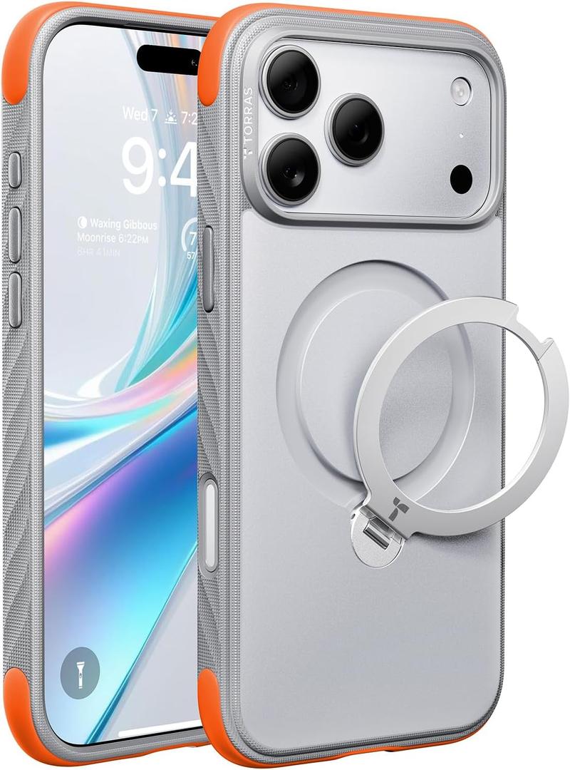 TORRAS Q3 Rugged for iPhone 17 Pro Case with 360 Rotating Magnetic Stand, Fit for MagSafe, 16FT Mil-Grade Drop Protection, Side Anti-Slip Grip, Camera Control Button, Microfiber Lining, Glacier Orange