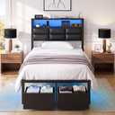 Petkulo Twin Bed Frame with 2 Storage Drawers, LED Lights & Charging Station, Upholstered Headboard with Shelves, Heavy Duty Metal Platform, No Box Spring Needed, Noise Free, Easy Assembly