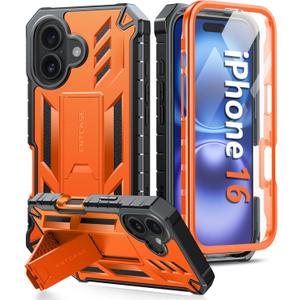 FNTCASE for iPhone 16 Phone Case: Military Grade [Built-in Screen Protector] [Kickstand] Matte Textured Drop Proof Protection Cover | Rugged Shockproof TPU Protective Sturdy Cases - Orange