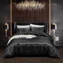 3 Piece Satin Duvet Cover Set Bedding Sets Italian Style 1800 Series Luxury Rich Silk Silky Super Soft Stripes Hidden Zipper Closure Reversible Wrinkle Free Honeymoon(Black, King)