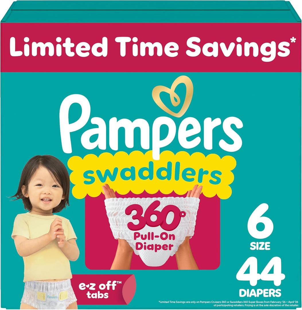 Pampers Diapers - Swaddlers 360° - Size 6, 44 Count, up to 100% Leakproof Comfy Dry Fit, Designed for Easy Changes, Pull On Baby Diaper
