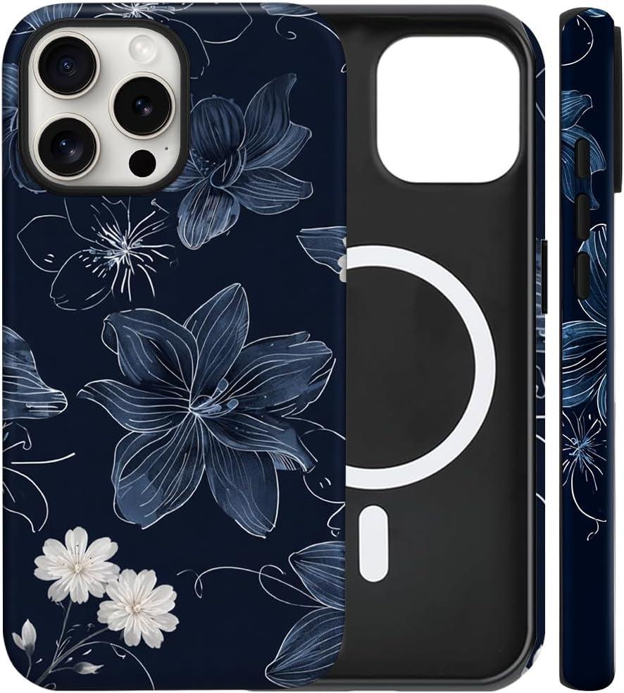 Magnetic for iPhone 13 Pro Case Cute Navy Blue Floral Phone Case, Aesthetic Flower Shockproof Slim TPU and Hard PC Protective Phone Cover Compatible with MagSafe Gift for Women