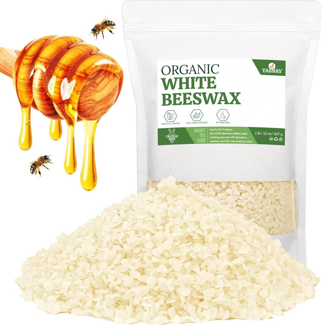 YASNAY White Beeswax Pellets 2LB, Organic Beeswax, Beeswax for Candle Making, Body, Skin Care DIY, Lip Balm and Soap Making Supplies