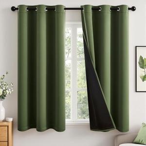 MIULEE Olive Green 100% Blackout Curtains for Bedroom 63 Inch Long, 2 Thick Layers Thermal Insulated Black Out Window Curtains with Black Liner, Noise Reducing Grommet Living Room Drapes 2 Panels Set
