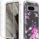 Case for Pixel 8 Case, for Google 8 GKWS6 G9BQD Case with Tempered Glass Screen Protector, Soft 360 Full Body Shockproof Hybrid Crystal Clear Case Cover for Google Pixel 8 Rose Flower