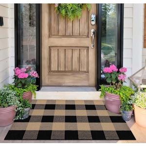 Checkered Front Door Mat Outdoor 24''x35''Buffalo Plaid Outdoor Rug Cotton Washable Layered Doormat for Bedroom,Bathroom,Farmhouse,Entryway,Home Entrance (Khaki Black)
