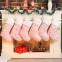 Pink Christmas Stockings Set of 6 - Lage Elegant Faux Fur Xmas Stockings with Silver Christmas Tree Snowflake Designs, Pink Christmas Decoration for Holiday Party Home