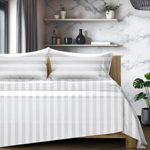 TEXAS LINEN CO. 100% Egyptian Cotton Queen Sheets Set - Luxury 1200 Series Star Sleepin' Damask Egyptian Cotton Sheets Queen Size (4 PC, White Stripe), 17" Deep Pocket, Cooling Sateen Hotel Bedding