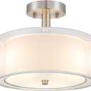 FOLKSMATE 3-Light Semi Flush Mount Ceiling Light Fixture, Drum Light with Double Fabric Shade, Modern Close to Ceiling Lamps for Dining Room Kitchen (White)