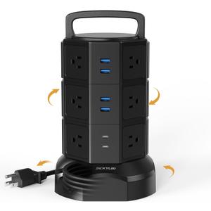 Power Strip Tower Surge Protector, JACKYLED 1625W 13A Outlet Surge Electric Tower, 12 Outlets 6 USB Ports Charging Station with 16AWG 6.5ft Heavy Duty Extension Cord for Home Office Dorm Black