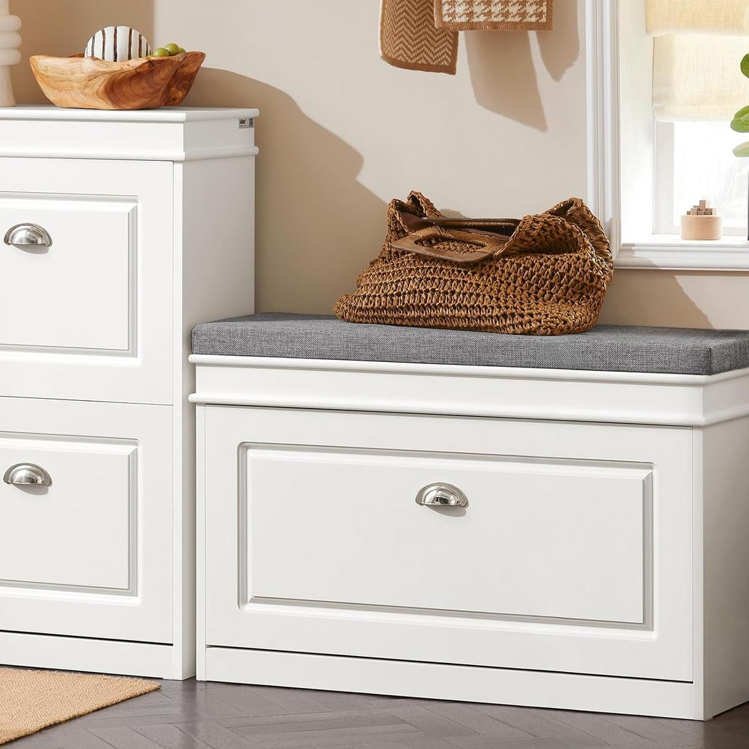 Haotian Shoe Storage Bench with Cushion, White Narrow Shoe Rack for Entryway, Small Shoe Cabinet with 2 Tiers Flip-Drawer, Closet Hallway Mudroom FSR82-L-W