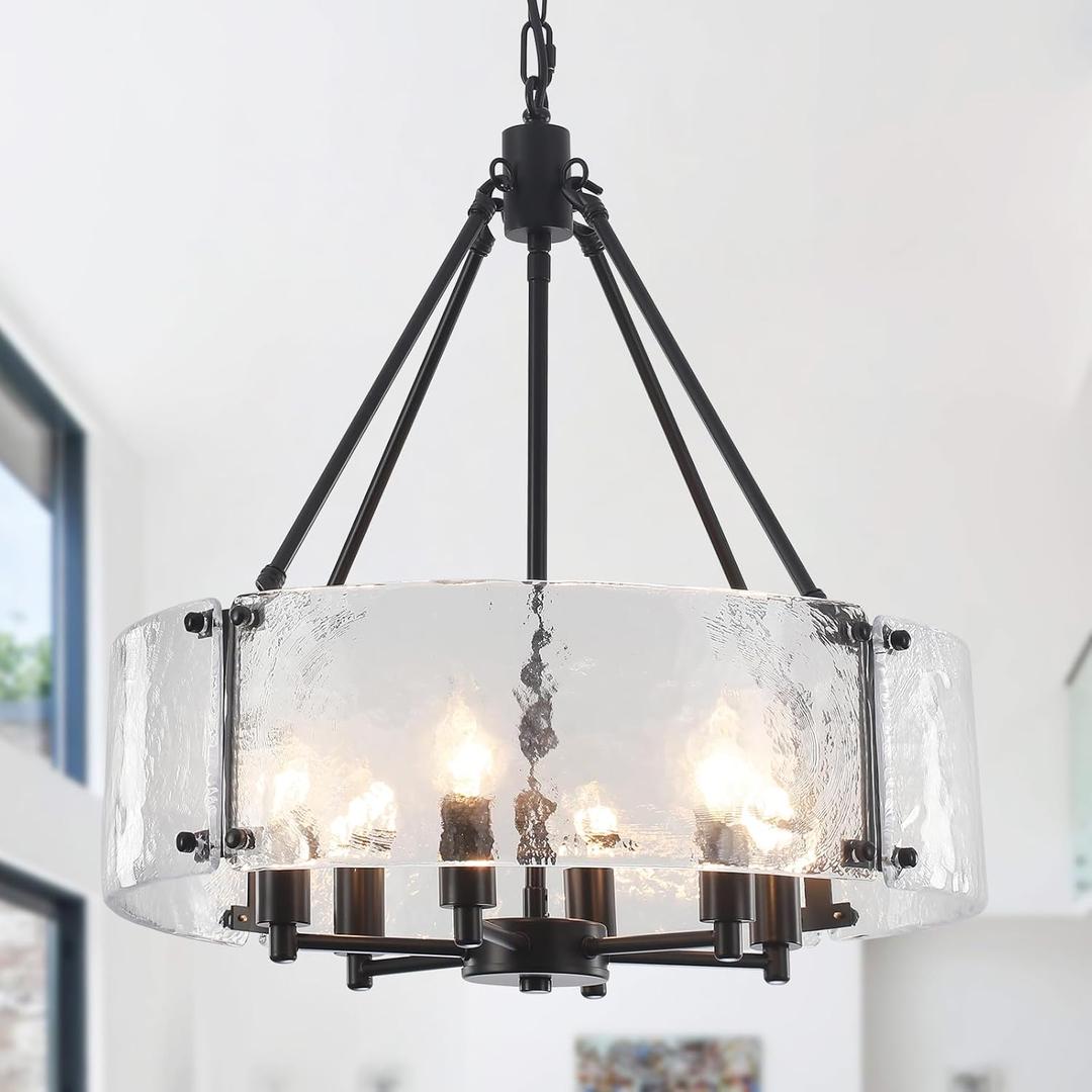 6-Light Black Glass Farmhouse Chandelier for Dining Room, 18.89" Round Modern Drum Chandeliers for Kitchen Island, Living Room, Bedroom,Entryway & Foyer Hanging Light Ceiling Fixture