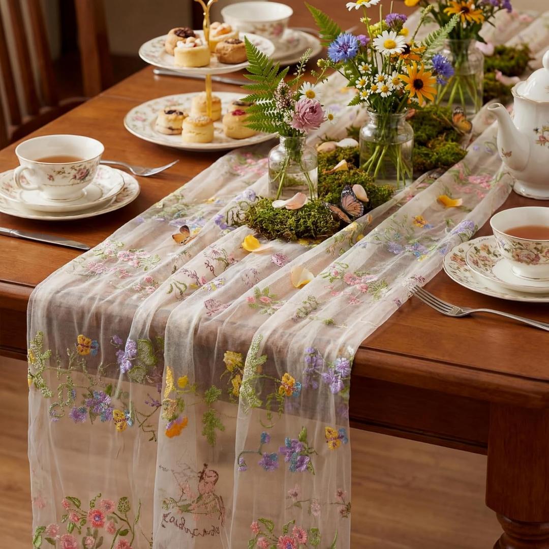 Ivory White Floral Table Runner 10ft Embroidery Tulle Spring Wildflower Table Runner Seasonal Summer Butterfly Kitchen Dining Gauze Decoration for Wedding Baby Shower Birthday Party (1 Pcs)