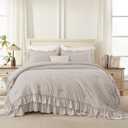Andency Linen Grey Super King Plus Size Comforter Set (128x120Inch), 3 Pieces Fluffy Farmhouse Shabby Chic Ruffle Bedding Sets, All Season Soft Lightweight Bed Set