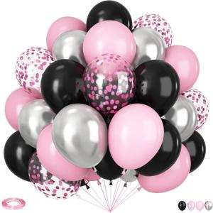 Black and Pink Balloons, 60pcs 12Inch Black and Pink Silver Balloons,Metal Silver and Confetti Balloon for Graduation Birthday Baby Shower Anniversary Wedding Bridal Shower Party Decoration