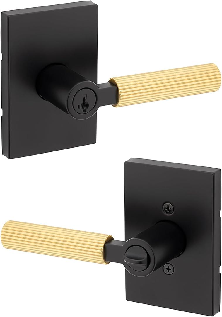 Kwikset Mirada Reeded Entry Door Handle with Lock and Key, Secure Keyed Reversible Lever Exterior, Door Lock for Front Door, Matte Black Satin Brass, Pick Resistant SmartKey Security and Microban (Rectangle)
