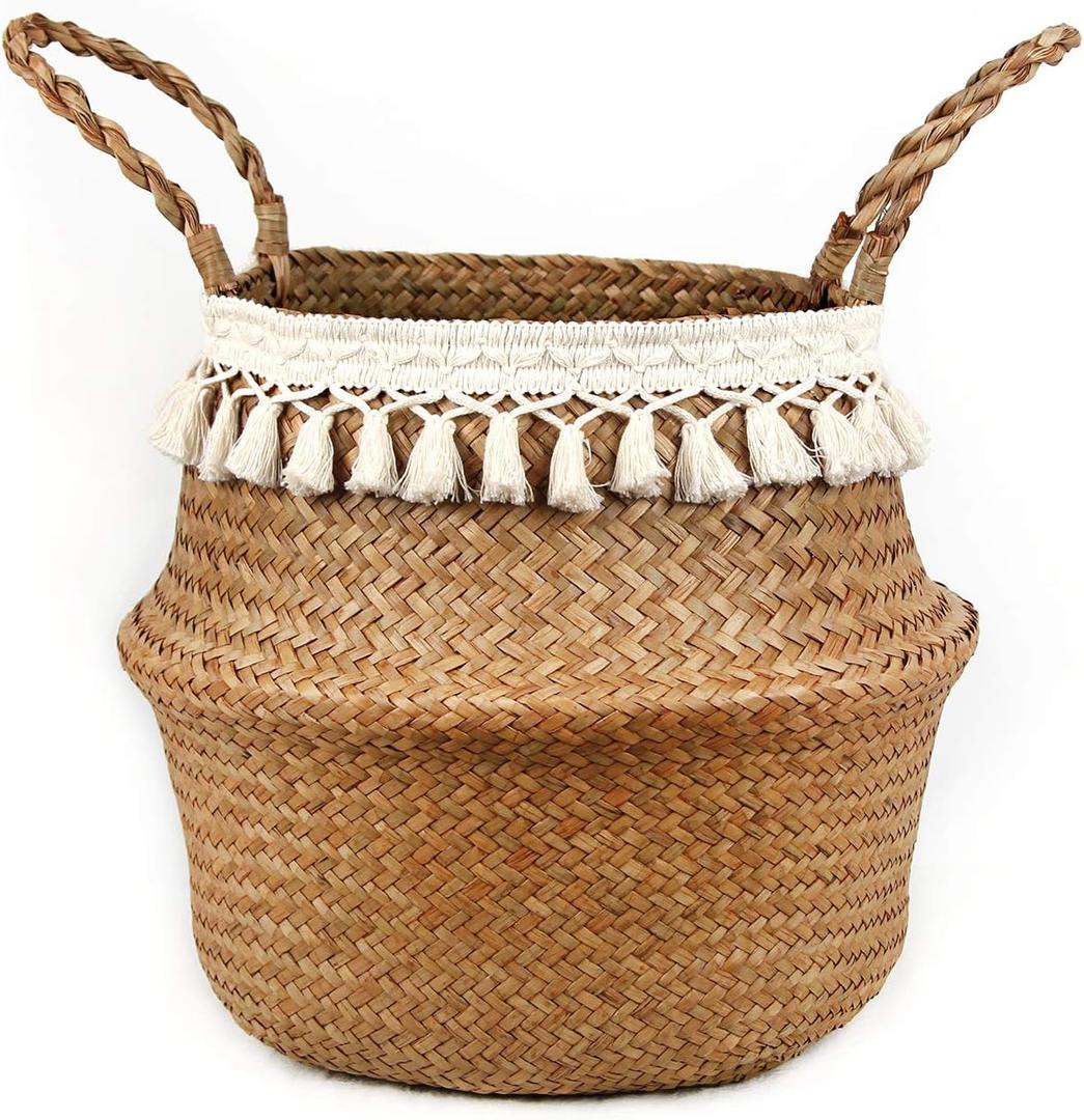 Boho Woven Seagrass Belly Basket for Storage Plant Basket or Toy Basket Living Bathroom (Large, Beige)