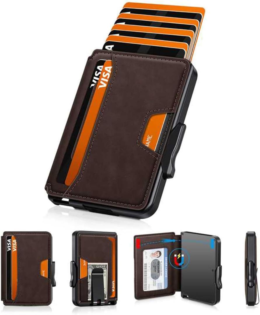 Wallet for Men, Mens Wallet Minimalist Slim Wallet, RFID Blocking Smart Pop Up Wallet with Money Clip & ID Window, Metal Compact Wallet, Aluminum Credit Card Holder Wallet (Coffee Brown)