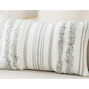 Decorative Boho Throw Pillow Cover 12x20, Lumbar Accent Neutral Textured Tufted Pillow Cover Striped for Couch Bed Sofa, Grey and Cream White, Pack of 2