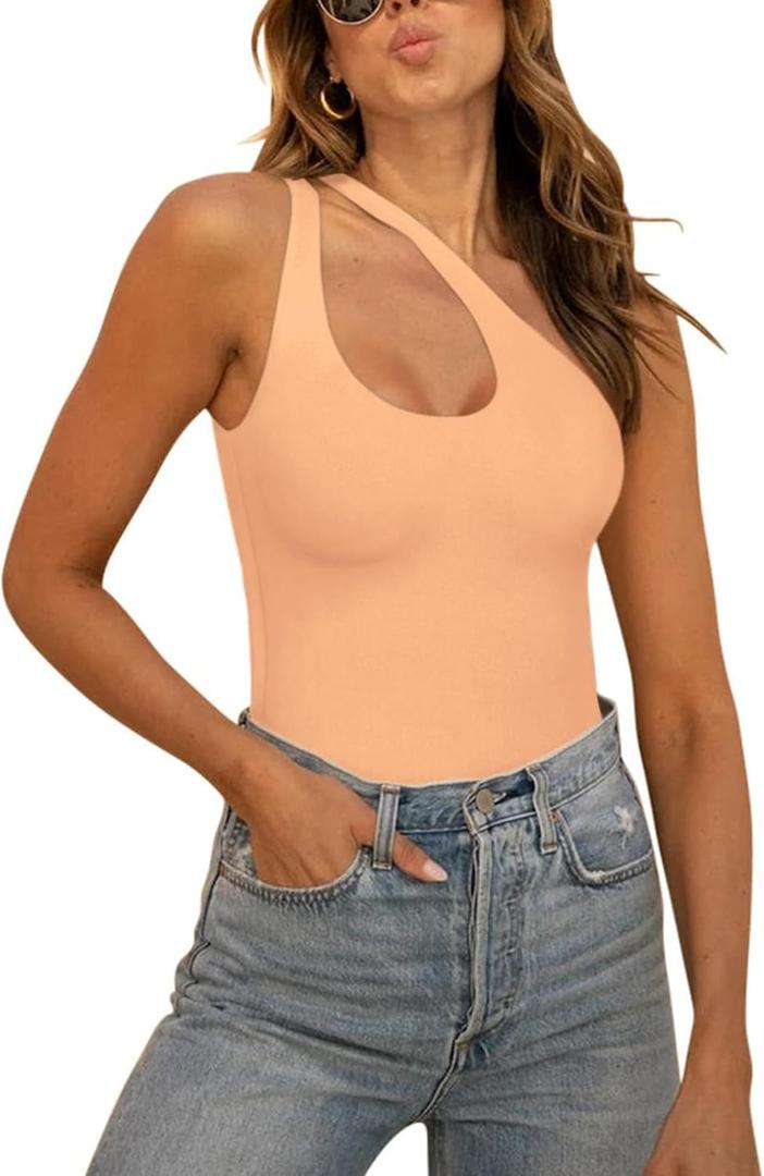 REORIA Butsmooth Women's Trendy Sexy Plunge One Shoulder Sleeveless V Backless Going Out Tank Bodysuits Tops (Medium, Peach Fuzz)