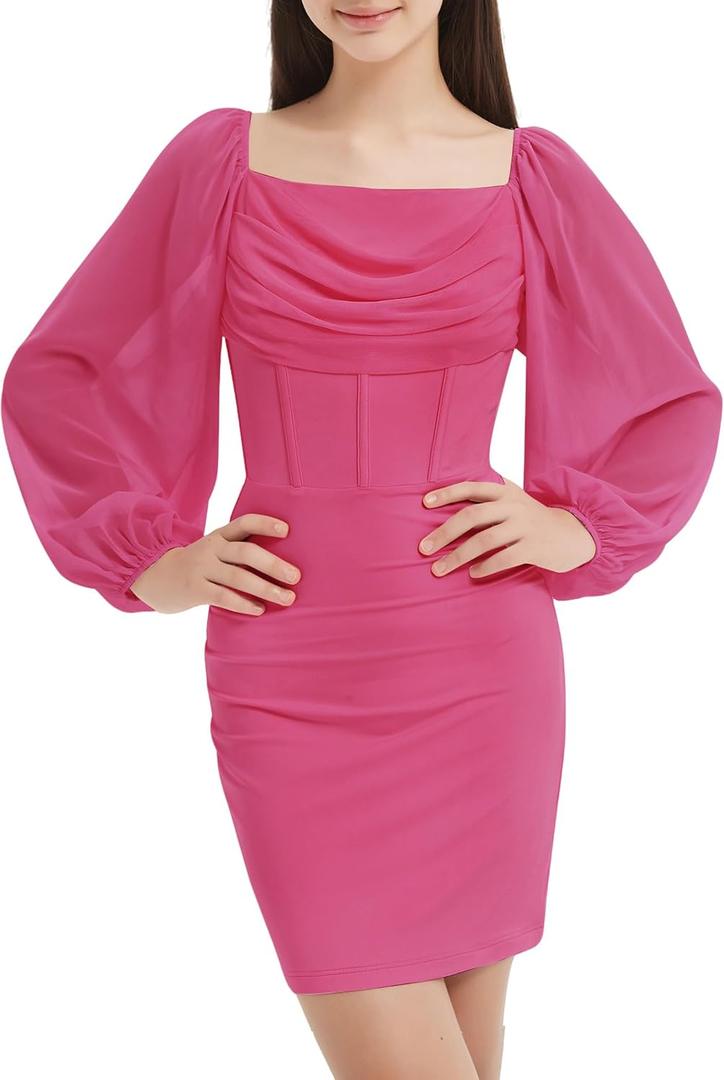 EXARUS Girls Dance Party Formal Dresses Teen Short Long Sleeve Mini Bodycon Ruched Cowl Neck Tween Mesh Tight Pencil Dress Hot Pink 8Y