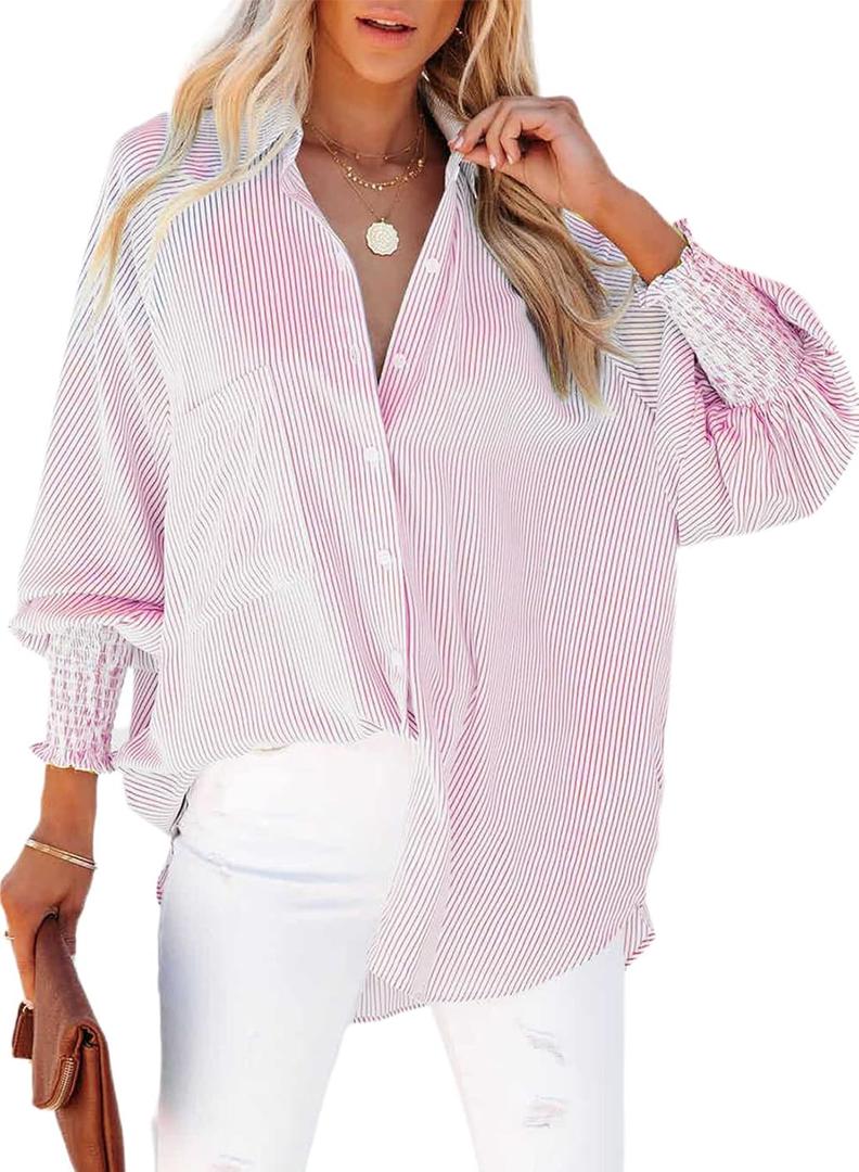 Womens Smocked Cuffed Striped Boyfriend Shirt Casual Collar Long Sleeve Oversized Button Down Blouse Tops with Pocket Shirred (Large, Pink)
