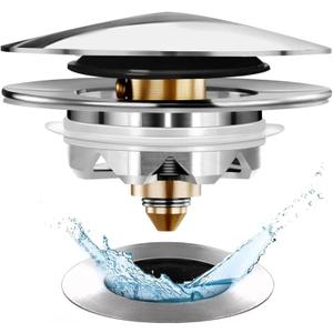Anlige Bathtub Drain Stopper, Pop Up Tub Stopper and Cover, Bottom with Hair Catcher, Universal for 1.45 to 1.8 in Drain, Replaces Old Drain Plug, Chrome Silver